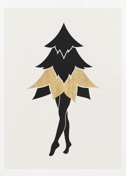 A minimalist framed illustration of a surreal figure with the top of a black fir tree as its torso and head, a gold leaf-like skirt, and slender black human legs posed on tiptoe against a white background. Poster