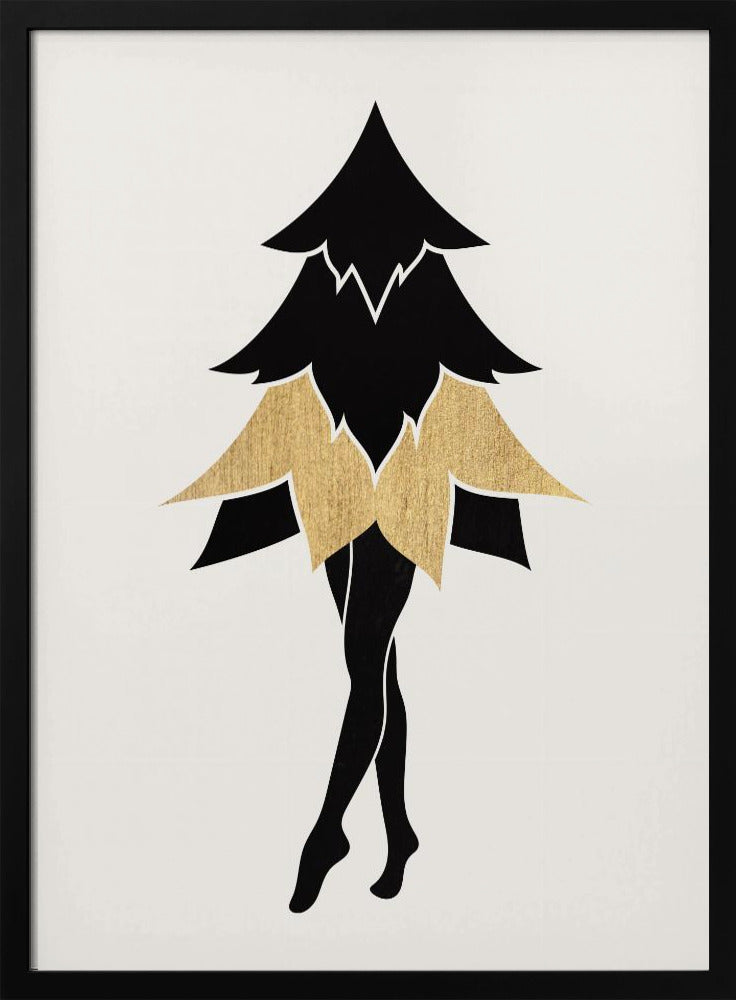 A minimalist framed illustration of a surreal figure with the top of a black fir tree as its torso and head, a gold leaf-like skirt, and slender black human legs posed on tiptoe against a white background. Poster