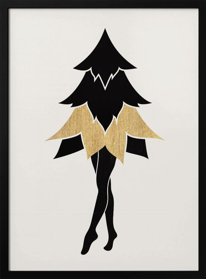 A minimalist framed illustration of a surreal figure with the top of a black fir tree as its torso and head, a gold leaf-like skirt, and slender black human legs posed on tiptoe against a white background. Poster