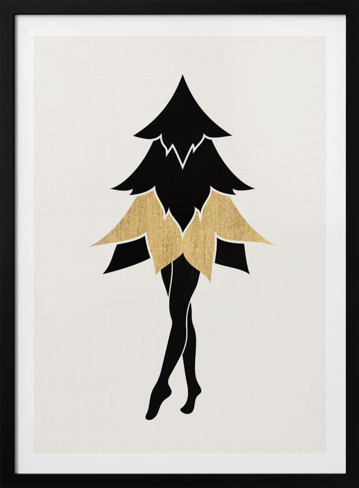 A minimalist framed illustration of a surreal figure with the top of a black fir tree as its torso and head, a gold leaf-like skirt, and slender black human legs posed on tiptoe against a white background. Poster