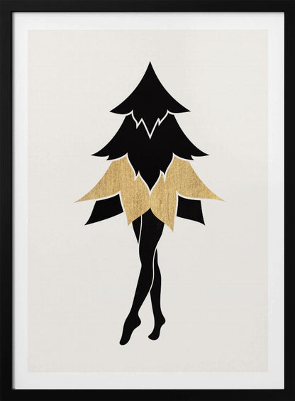A minimalist framed illustration of a surreal figure with the top of a black fir tree as its torso and head, a gold leaf-like skirt, and slender black human legs posed on tiptoe against a white background. Poster