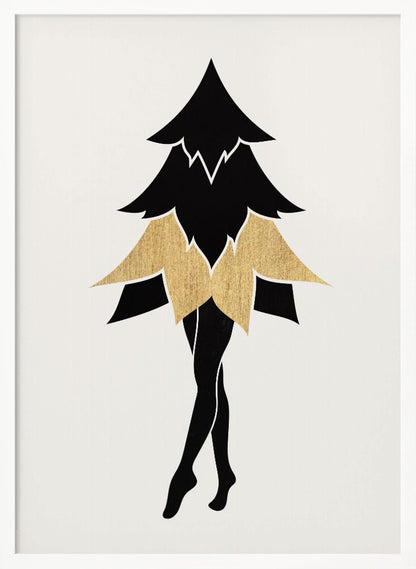 A minimalist framed illustration of a surreal figure with the top of a black fir tree as its torso and head, a gold leaf-like skirt, and slender black human legs posed on tiptoe against a white background. Poster