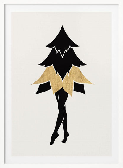 A minimalist framed illustration of a surreal figure with the top of a black fir tree as its torso and head, a gold leaf-like skirt, and slender black human legs posed on tiptoe against a white background. Poster