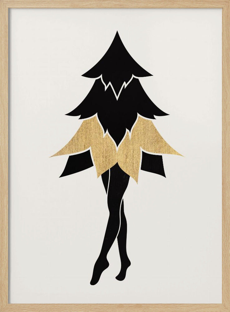 A minimalist framed illustration of a surreal figure with the top of a black fir tree as its torso and head, a gold leaf-like skirt, and slender black human legs posed on tiptoe against a white background. Poster