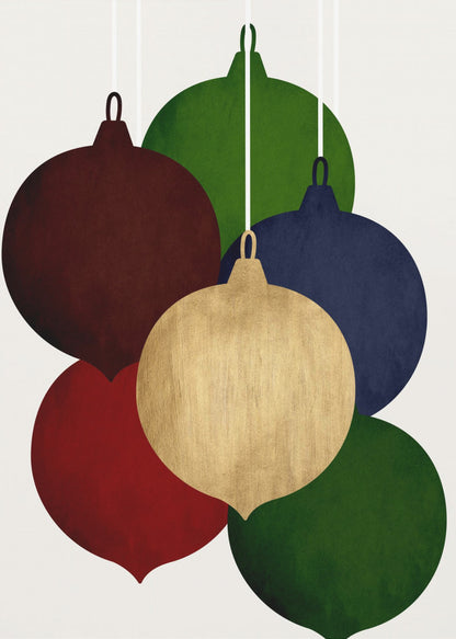 A modern art print showing a collection of six colorful Christmas ornaments in shades of red, green, blue, and gold, hanging against a plain off-white background. Decor