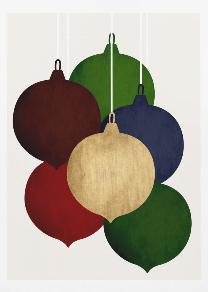 A modern art print showing a collection of six colorful Christmas ornaments in shades of red, green, blue, and gold, hanging against a plain off-white background. Decor