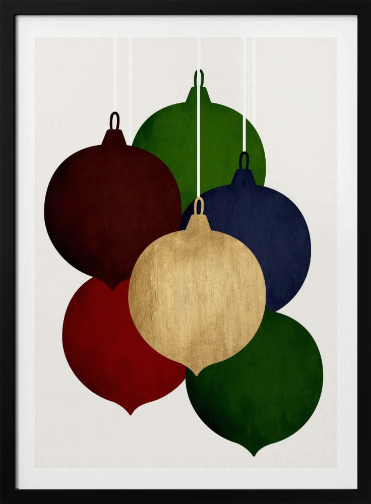 A modern art print showing a collection of six colorful Christmas ornaments in shades of red, green, blue, and gold, hanging against a plain off-white background. Decor