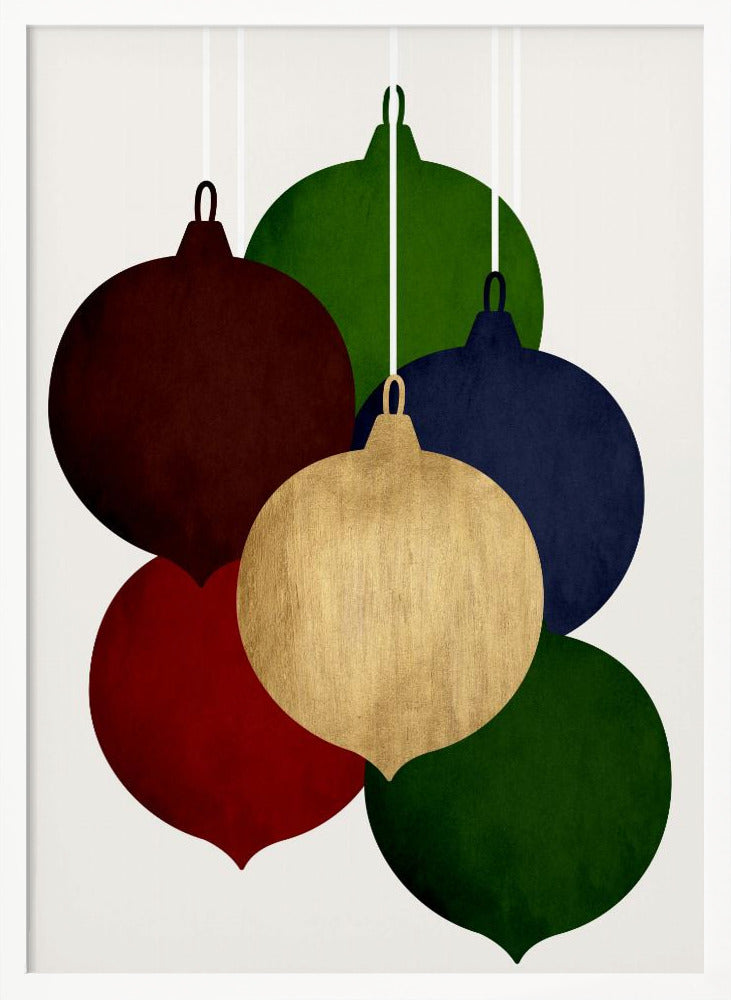 A modern art print showing a collection of six colorful Christmas ornaments in shades of red, green, blue, and gold, hanging against a plain off-white background. Decor