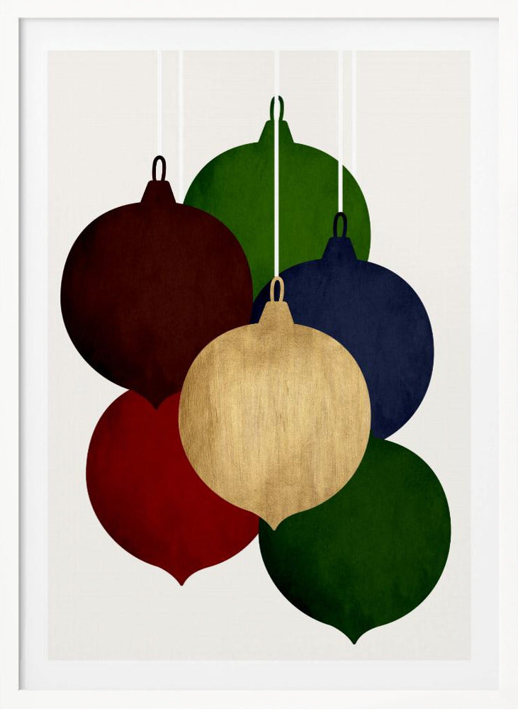 A modern art print showing a collection of six colorful Christmas ornaments in shades of red, green, blue, and gold, hanging against a plain off-white background. Decor