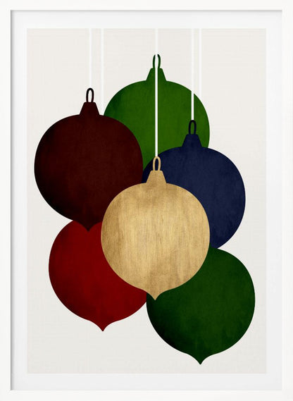 A modern art print showing a collection of six colorful Christmas ornaments in shades of red, green, blue, and gold, hanging against a plain off-white background. Decor