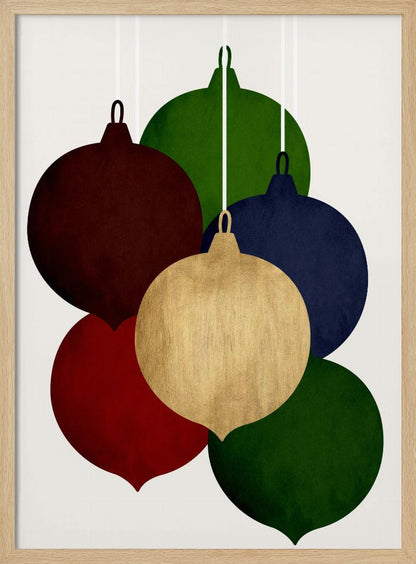 A modern art print showing a collection of six colorful Christmas ornaments in shades of red, green, blue, and gold, hanging against a plain off-white background. Decor