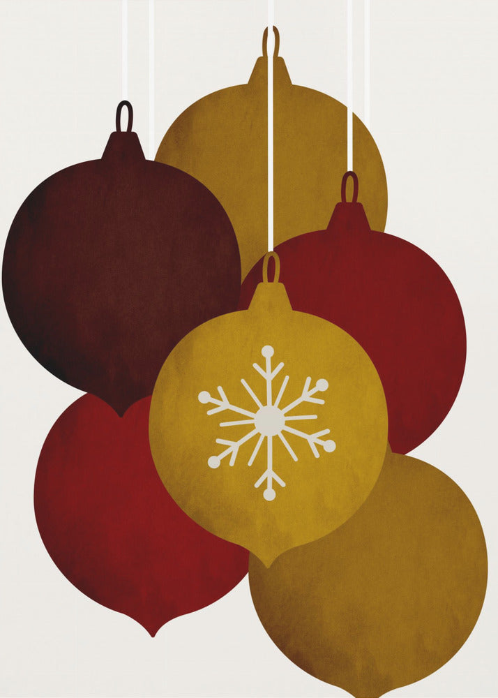 A minimalist illustration of five hanging Christmas ornaments in warm tones of gold, red, and brown. One central gold ornament is detailed with a white snowflake design against an off-white background. Artwork