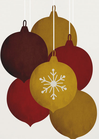 A minimalist illustration of five hanging Christmas ornaments in warm tones of gold, red, and brown. One central gold ornament is detailed with a white snowflake design against an off-white background. Artwork