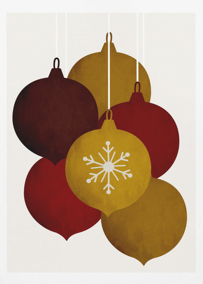 A minimalist illustration of five hanging Christmas ornaments in warm tones of gold, red, and brown. One central gold ornament is detailed with a white snowflake design against an off-white background. Artwork