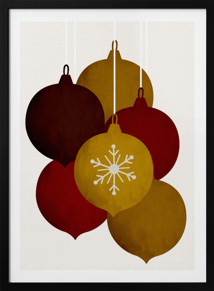 A minimalist illustration of five hanging Christmas ornaments in warm tones of gold, red, and brown. One central gold ornament is detailed with a white snowflake design against an off-white background. Artwork