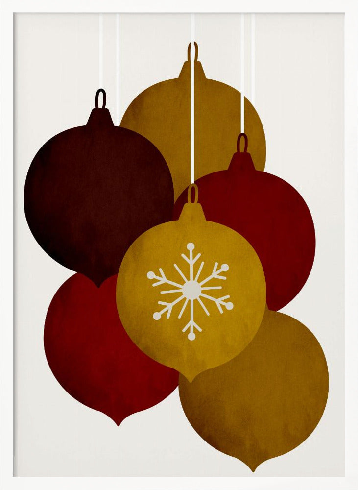 A minimalist illustration of five hanging Christmas ornaments in warm tones of gold, red, and brown. One central gold ornament is detailed with a white snowflake design against an off-white background. Artwork