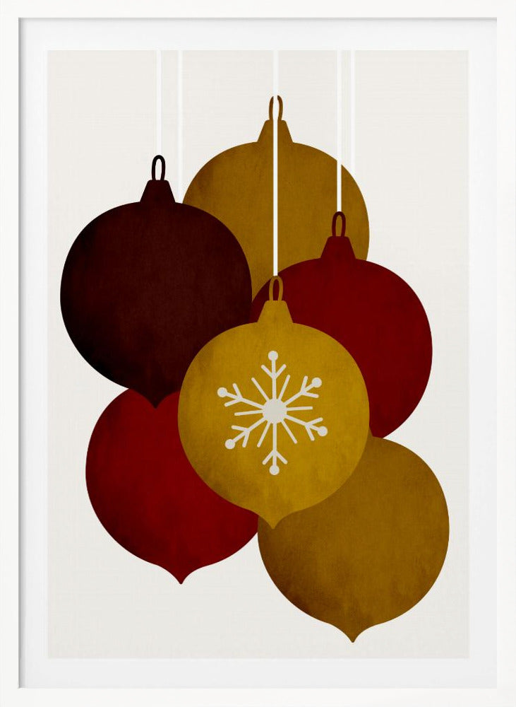 A minimalist illustration of five hanging Christmas ornaments in warm tones of gold, red, and brown. One central gold ornament is detailed with a white snowflake design against an off-white background. Artwork