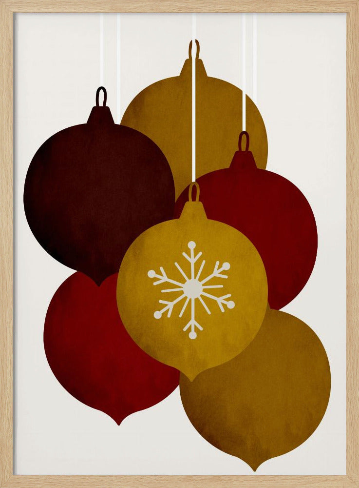 A minimalist illustration of five hanging Christmas ornaments in warm tones of gold, red, and brown. One central gold ornament is detailed with a white snowflake design against an off-white background. Artwork