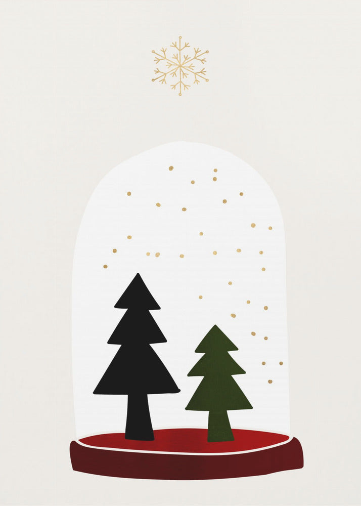 A minimalist illustration of a snow globe against an off-white background. Inside the globe are two simple evergreen trees, one black and one green, with gold dots falling like snow. The globe has a red base, and a single large gold snowflake floats above it. The artwork is enclosed in a thin black frame. Decor