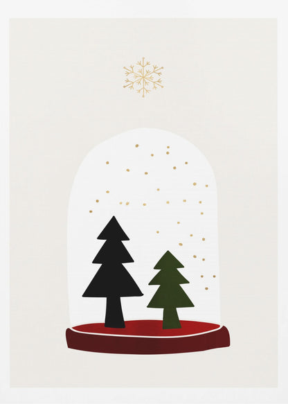 A minimalist illustration of a snow globe against an off-white background. Inside the globe are two simple evergreen trees, one black and one green, with gold dots falling like snow. The globe has a red base, and a single large gold snowflake floats above it. The artwork is enclosed in a thin black frame. Decor