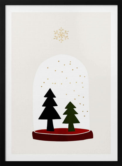 A minimalist illustration of a snow globe against an off-white background. Inside the globe are two simple evergreen trees, one black and one green, with gold dots falling like snow. The globe has a red base, and a single large gold snowflake floats above it. The artwork is enclosed in a thin black frame. Decor