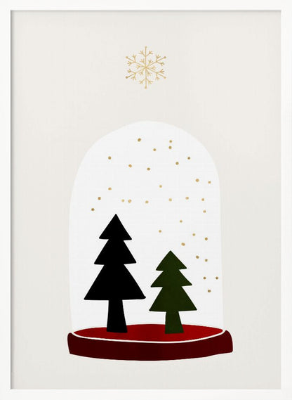 A minimalist illustration of a snow globe against an off-white background. Inside the globe are two simple evergreen trees, one black and one green, with gold dots falling like snow. The globe has a red base, and a single large gold snowflake floats above it. The artwork is enclosed in a thin black frame. Decor