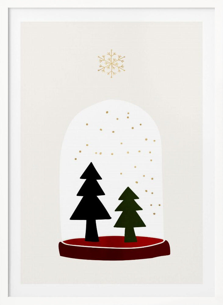 A minimalist illustration of a snow globe against an off-white background. Inside the globe are two simple evergreen trees, one black and one green, with gold dots falling like snow. The globe has a red base, and a single large gold snowflake floats above it. The artwork is enclosed in a thin black frame. Decor