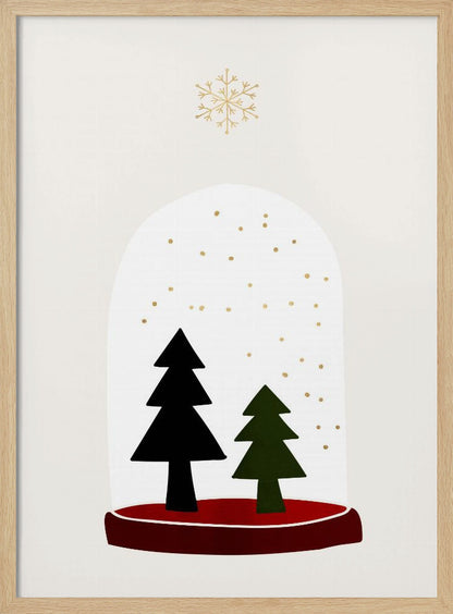 A minimalist illustration of a snow globe against an off-white background. Inside the globe are two simple evergreen trees, one black and one green, with gold dots falling like snow. The globe has a red base, and a single large gold snowflake floats above it. The artwork is enclosed in a thin black frame. Decor
