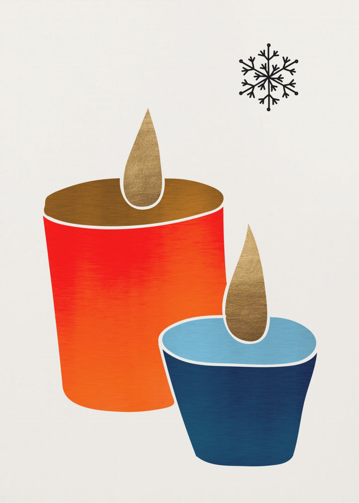 A minimalist illustration of two stylized candles, one large and red-orange, the other small and blue, both with gold flames. A single black snowflake is in the top right corner against an off-white background, all within a black frame. Poster