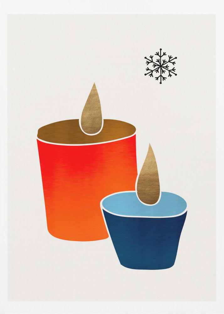 A minimalist illustration of two stylized candles, one large and red-orange, the other small and blue, both with gold flames. A single black snowflake is in the top right corner against an off-white background, all within a black frame. Poster