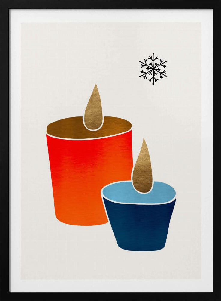 A minimalist illustration of two stylized candles, one large and red-orange, the other small and blue, both with gold flames. A single black snowflake is in the top right corner against an off-white background, all within a black frame. Poster