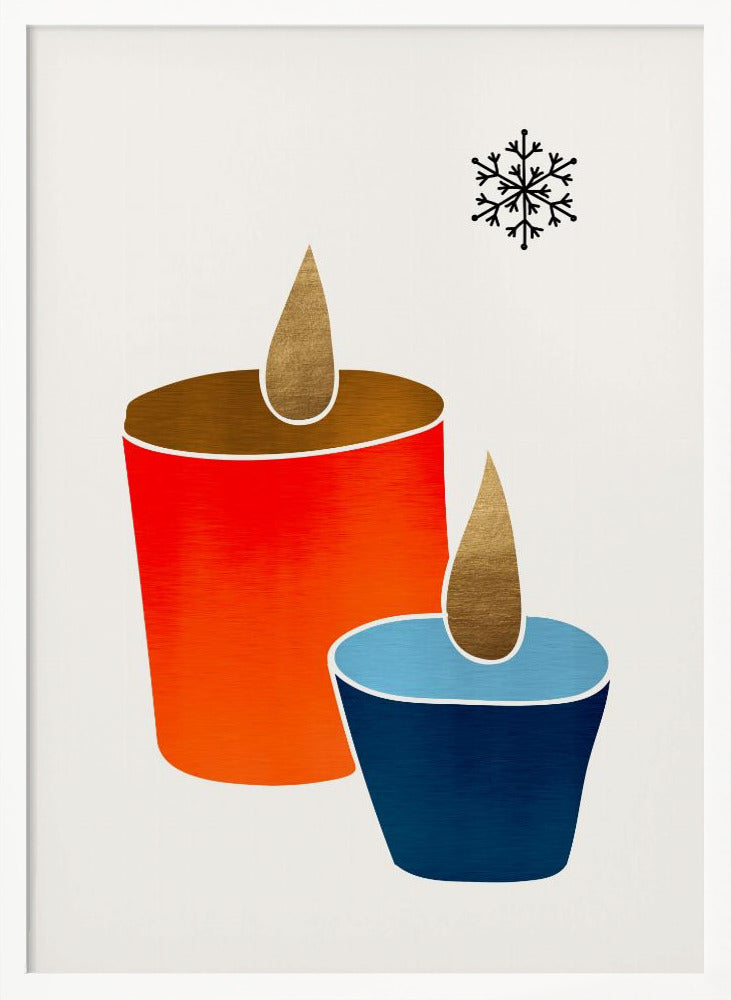 A minimalist illustration of two stylized candles, one large and red-orange, the other small and blue, both with gold flames. A single black snowflake is in the top right corner against an off-white background, all within a black frame. Poster