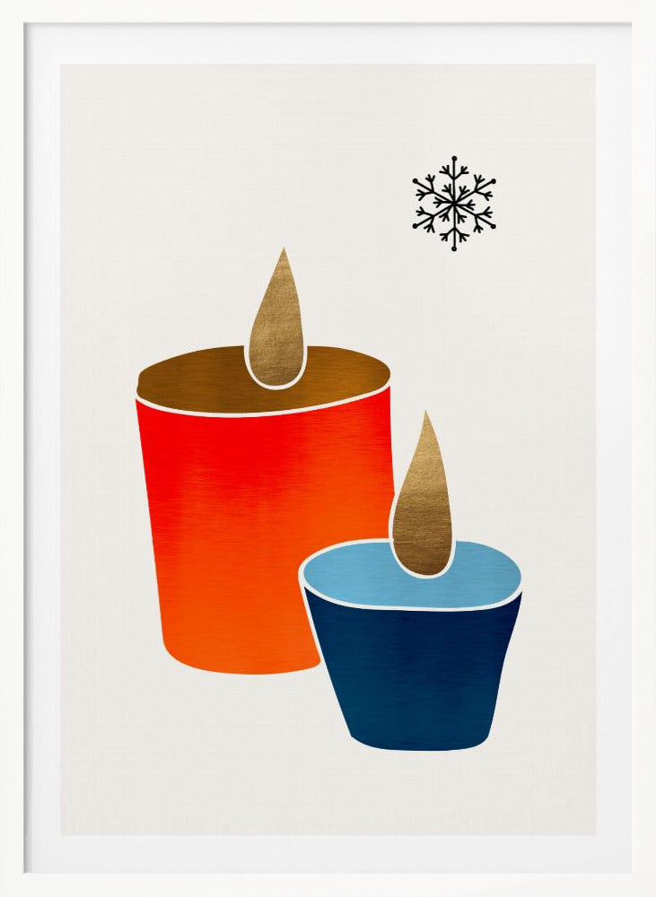 A minimalist illustration of two stylized candles, one large and red-orange, the other small and blue, both with gold flames. A single black snowflake is in the top right corner against an off-white background, all within a black frame. Poster