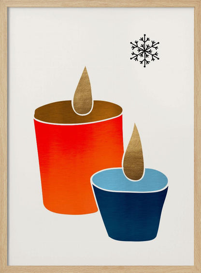 A minimalist illustration of two stylized candles, one large and red-orange, the other small and blue, both with gold flames. A single black snowflake is in the top right corner against an off-white background, all within a black frame. Poster