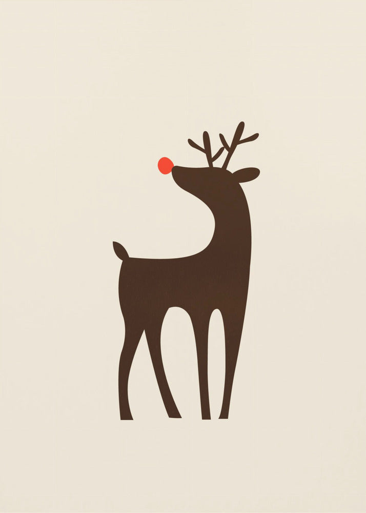 A minimalist art print of a stylized brown reindeer with a bright red nose, standing in profile against a cream-colored background, all enclosed in a simple black frame. Print