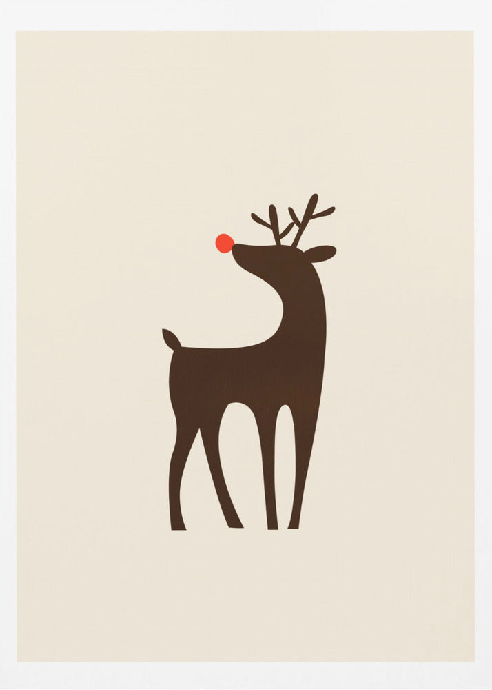 A minimalist art print of a stylized brown reindeer with a bright red nose, standing in profile against a cream-colored background, all enclosed in a simple black frame. Print