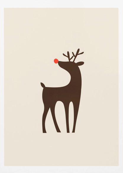 A minimalist art print of a stylized brown reindeer with a bright red nose, standing in profile against a cream-colored background, all enclosed in a simple black frame. Print