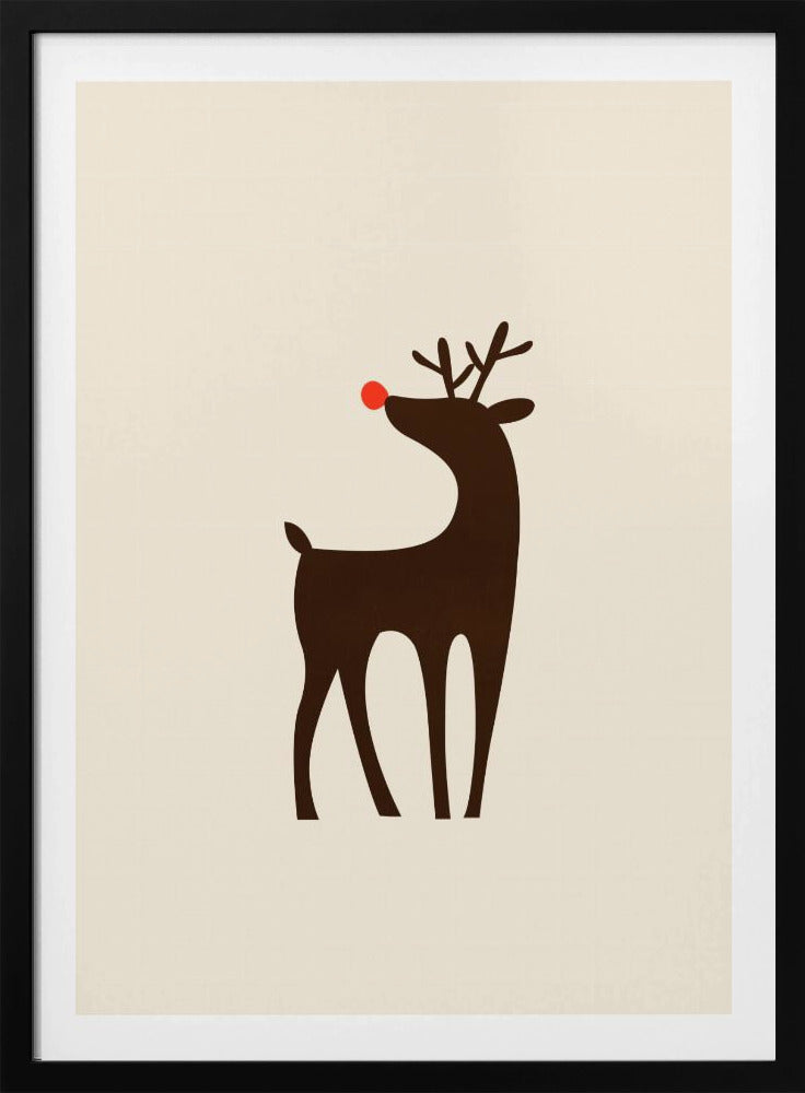 A minimalist art print of a stylized brown reindeer with a bright red nose, standing in profile against a cream-colored background, all enclosed in a simple black frame. Print