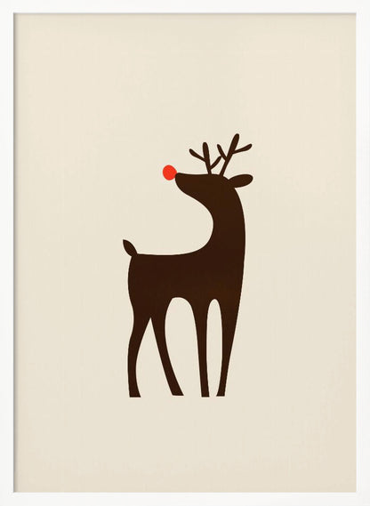 A minimalist art print of a stylized brown reindeer with a bright red nose, standing in profile against a cream-colored background, all enclosed in a simple black frame. Print