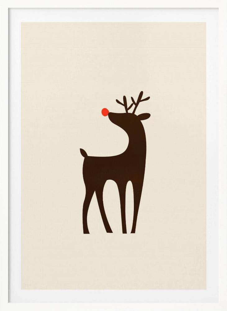 A minimalist art print of a stylized brown reindeer with a bright red nose, standing in profile against a cream-colored background, all enclosed in a simple black frame. Print