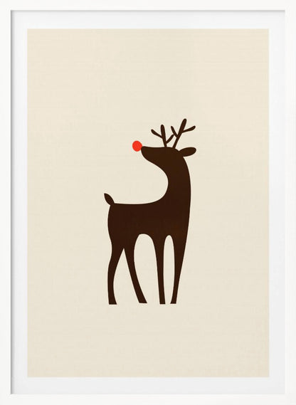 A minimalist art print of a stylized brown reindeer with a bright red nose, standing in profile against a cream-colored background, all enclosed in a simple black frame. Print