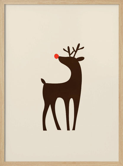 A minimalist art print of a stylized brown reindeer with a bright red nose, standing in profile against a cream-colored background, all enclosed in a simple black frame. Print