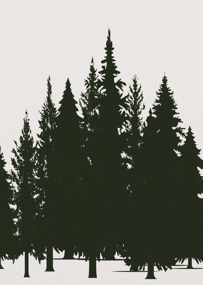 A minimalist framed artwork featuring a dense forest of evergreen trees rendered as dark green silhouettes against a plain, off-white background. Artwork