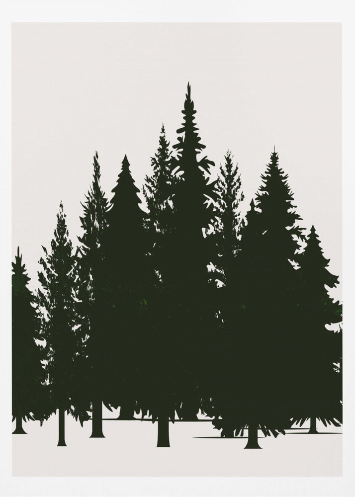 A minimalist framed artwork featuring a dense forest of evergreen trees rendered as dark green silhouettes against a plain, off-white background. Artwork