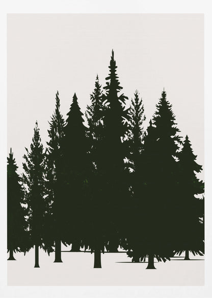 A minimalist framed artwork featuring a dense forest of evergreen trees rendered as dark green silhouettes against a plain, off-white background. Artwork
