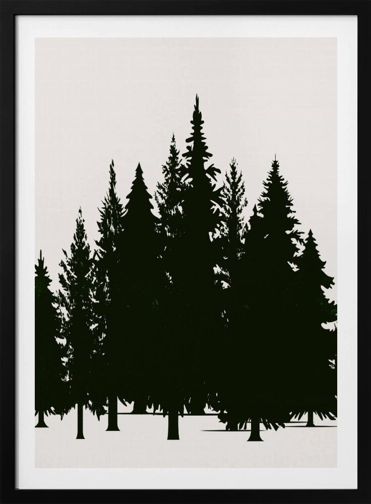 A minimalist framed artwork featuring a dense forest of evergreen trees rendered as dark green silhouettes against a plain, off-white background. Artwork