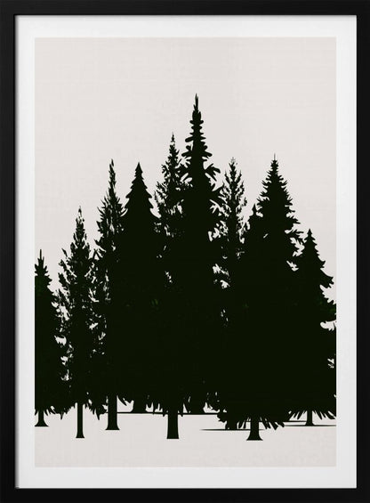 A minimalist framed artwork featuring a dense forest of evergreen trees rendered as dark green silhouettes against a plain, off-white background. Artwork