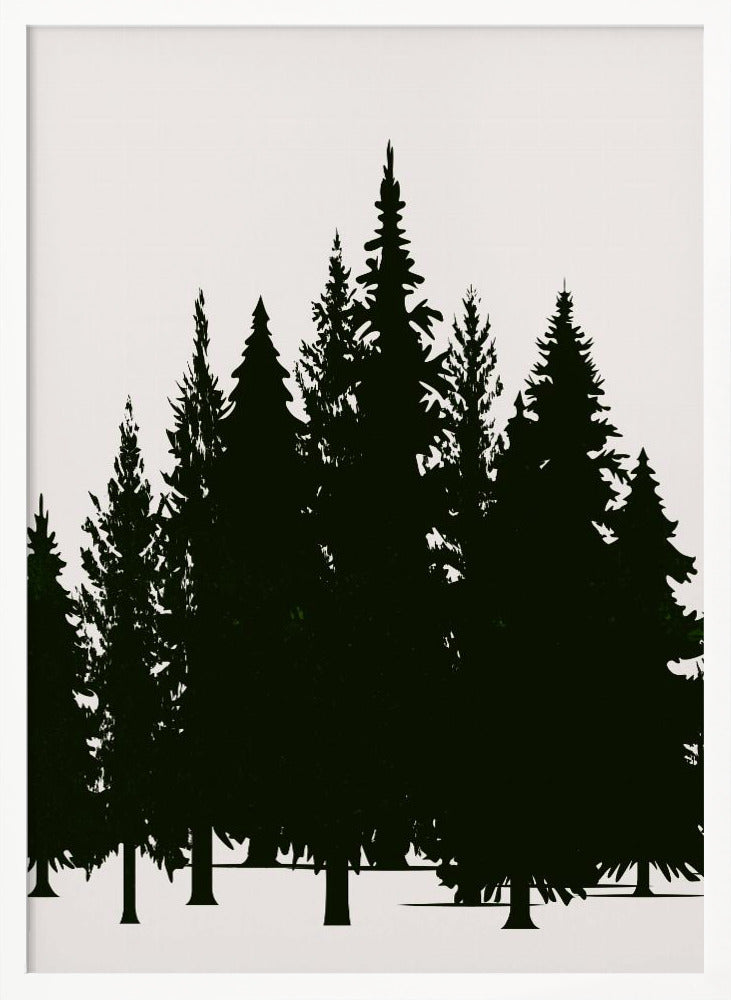 A minimalist framed artwork featuring a dense forest of evergreen trees rendered as dark green silhouettes against a plain, off-white background. Artwork