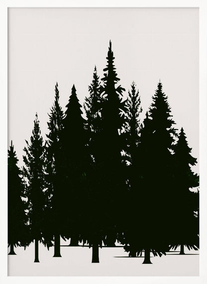 A minimalist framed artwork featuring a dense forest of evergreen trees rendered as dark green silhouettes against a plain, off-white background. Artwork