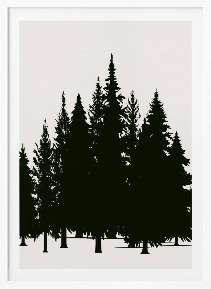 A minimalist framed artwork featuring a dense forest of evergreen trees rendered as dark green silhouettes against a plain, off-white background. Artwork